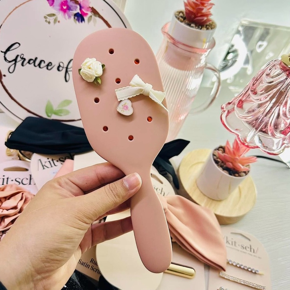 Kitsch Pink Hair Brush with Floral Accents